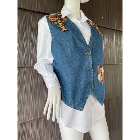 🔥VTG 90s Sunbelt Denim Vest Western Boho Ethnic Feathers print Patched Chains M - Picture 3 of 16